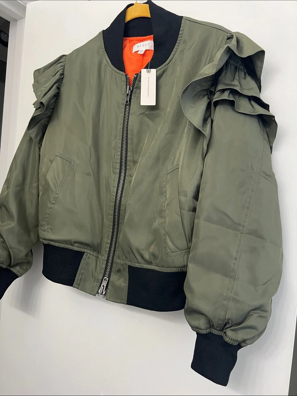 MABLE Anthropology Olive Bomber Jacket with Black Trim and Orange Lining Jacket - Picture 7 of 10